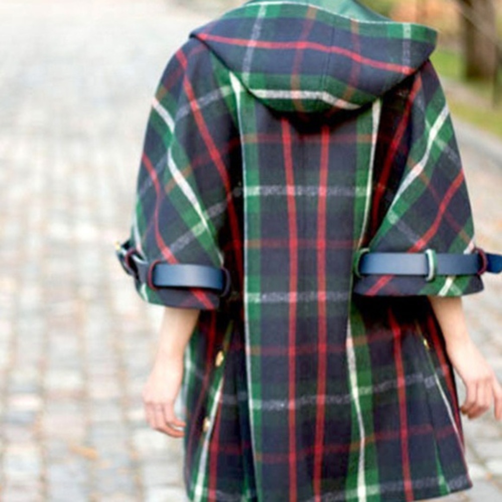 Anthropologie Plaid Hooded Coat in Navy, Green, and Red
